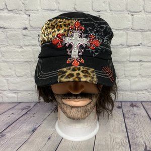Country Leather Women Hat Army Cap Strap Back Black Leopard Print Jeweled Cross